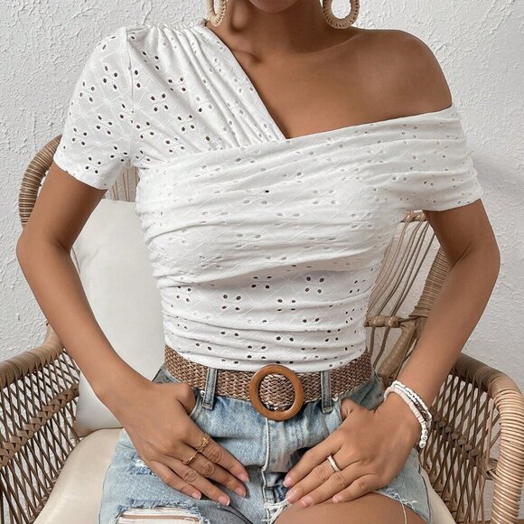 White Casual Women's Asymmetrical Neck Eyelet Embroidery Tee - Picture 6 of 6